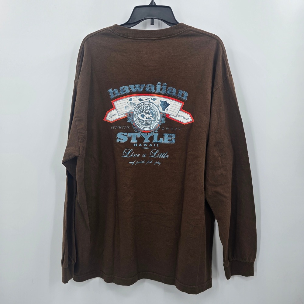Hawaiian Style Tshirt Mens XL Long Sleeve Graphic Brown Surf Live a Little